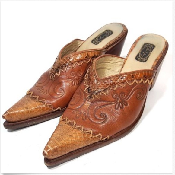 Salpy Shoes - Salpy Tooled Leather Mules Clogs Snakeskin Cap Toe